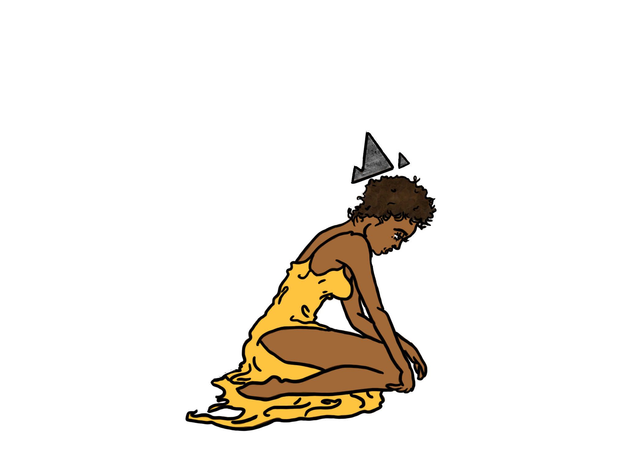 Young person dressed in yellow sitting on the floor with head bowed, wearing a crown with curly hair. Ennovy Savannah