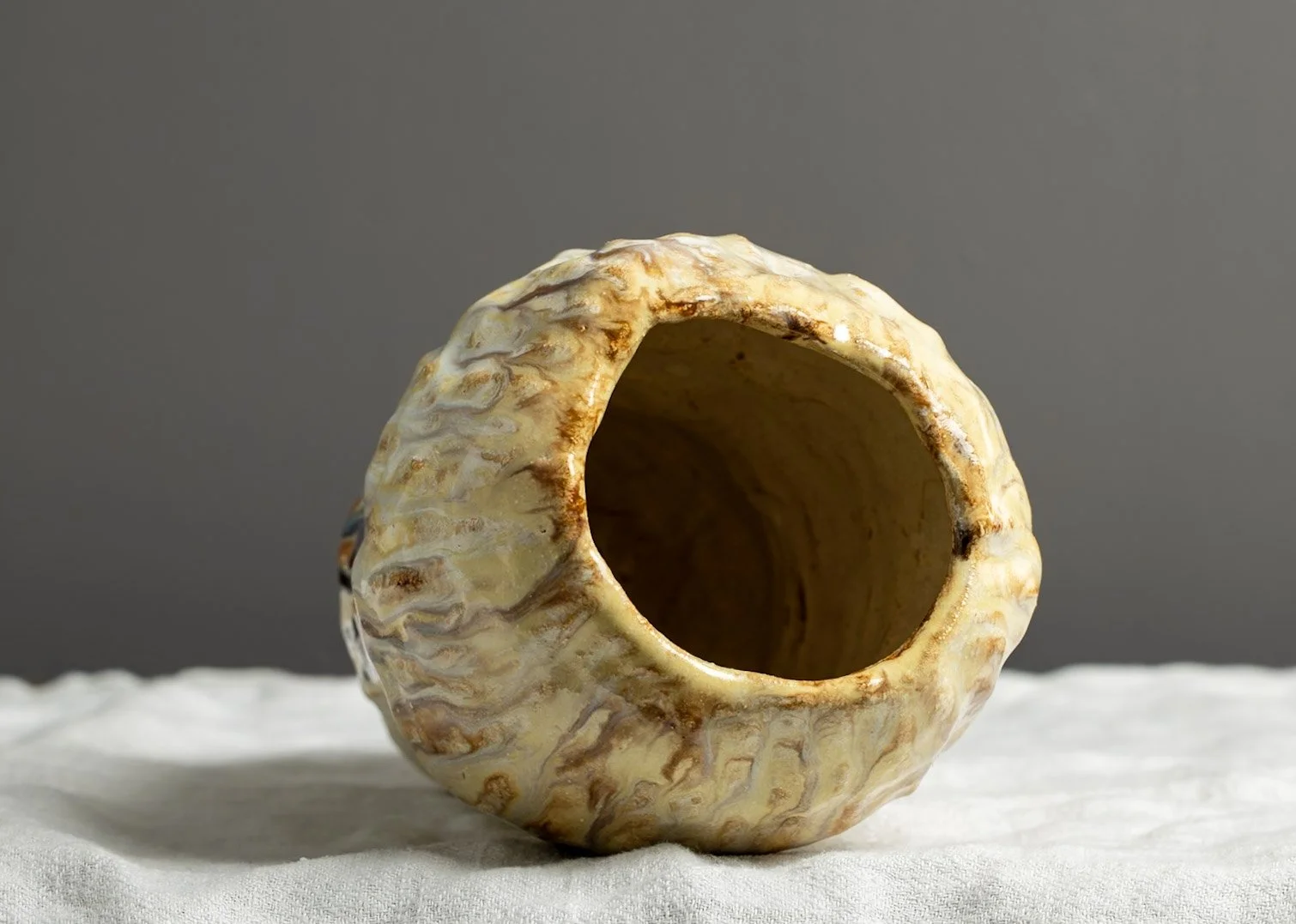 A close-up of a carved, hollowed-out seashell with an irregular, textured surface, placed on a white cloth against a plain gray background.