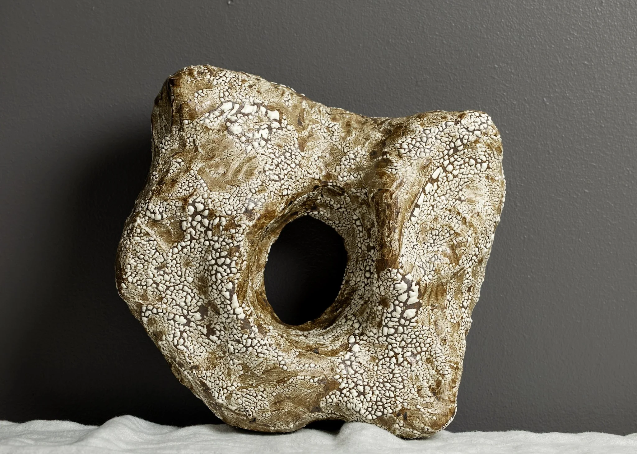 A textured beige and white coral-like sculpture on a gray background.