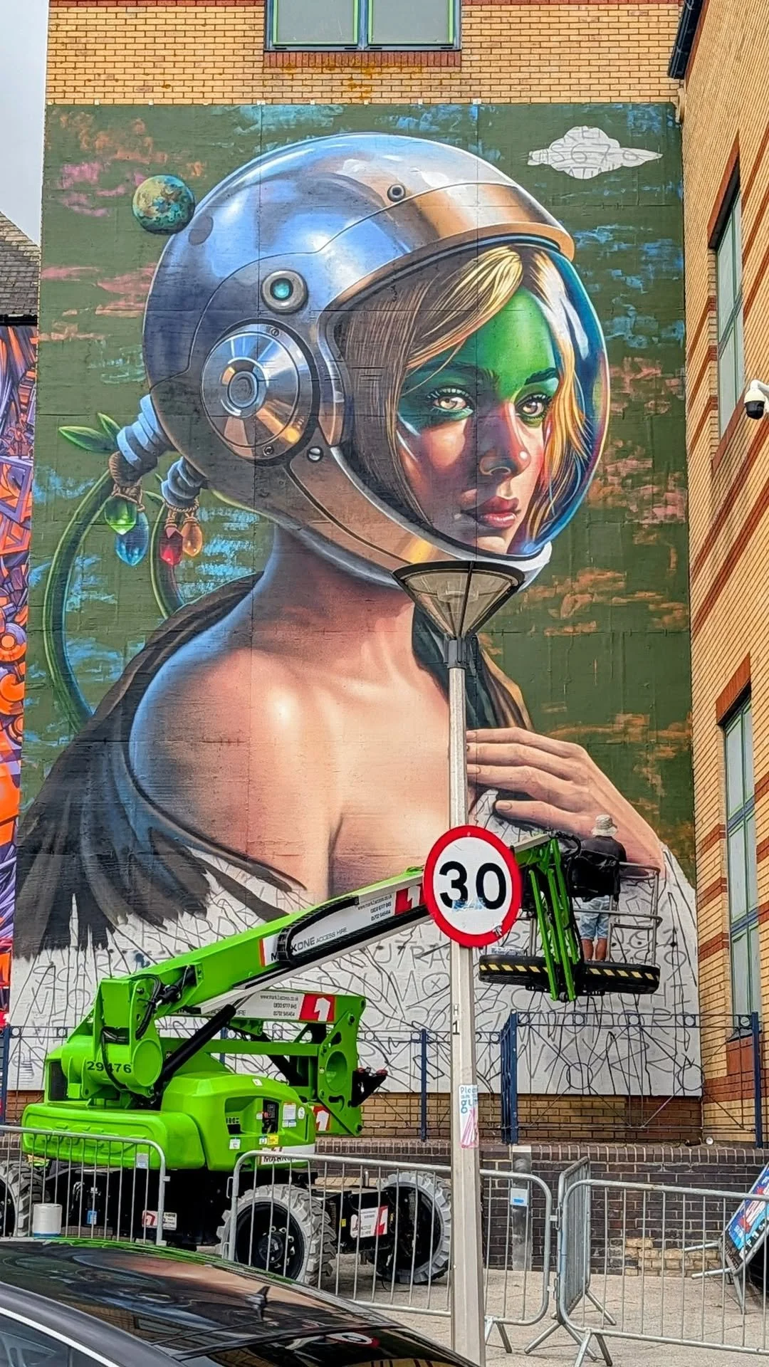 Mona Lisa in Space A playful reimagining of the Mona Lisa as an astronaut, painted in Southend for City Jam 2026. Mural by Rocket01.