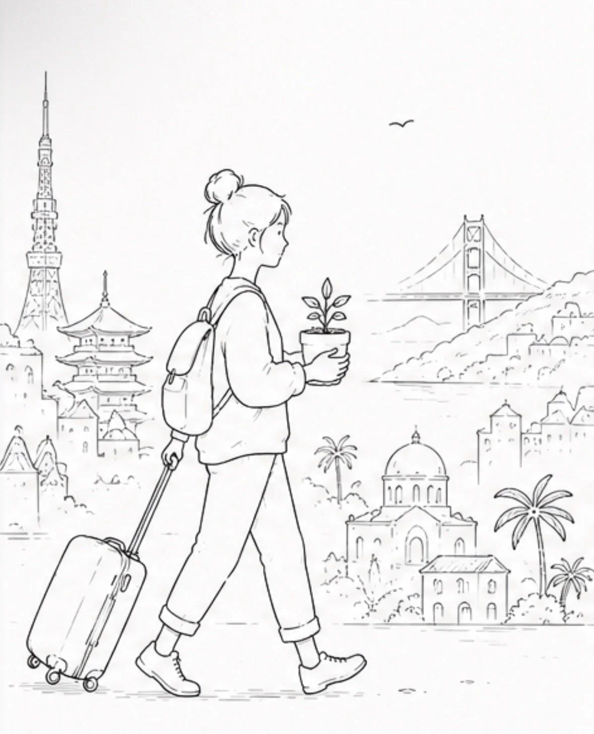 A travelling girl carries a plant across different cities, exploring movement, belonging and the things we choose to bring with us.