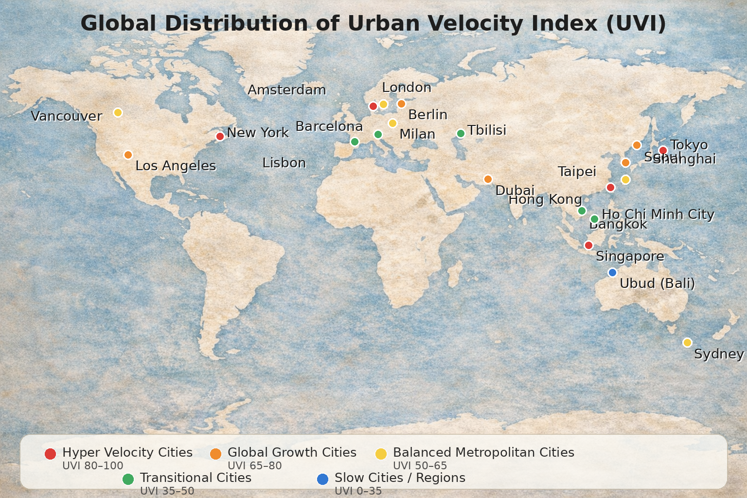World map visualizing the Urban Velocity Index (UVI), exploring how different cities influence stress, adaptation, and human experience.