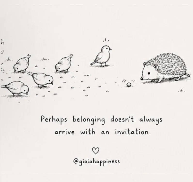 A hedgehog approaches a group of birds, exploring the uncertainty of entering a space where we are different and have not yet been invited in.
