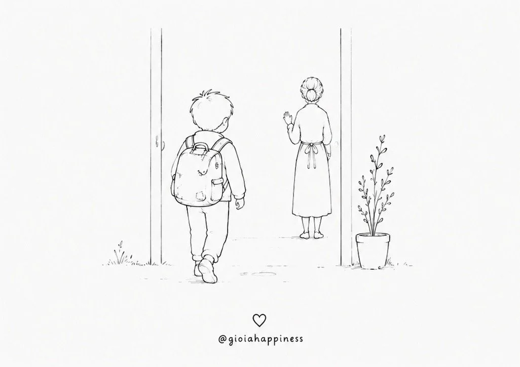 A boy leaves home again with his backpack, exploring independence, movement and a sense of home that does not require staying.