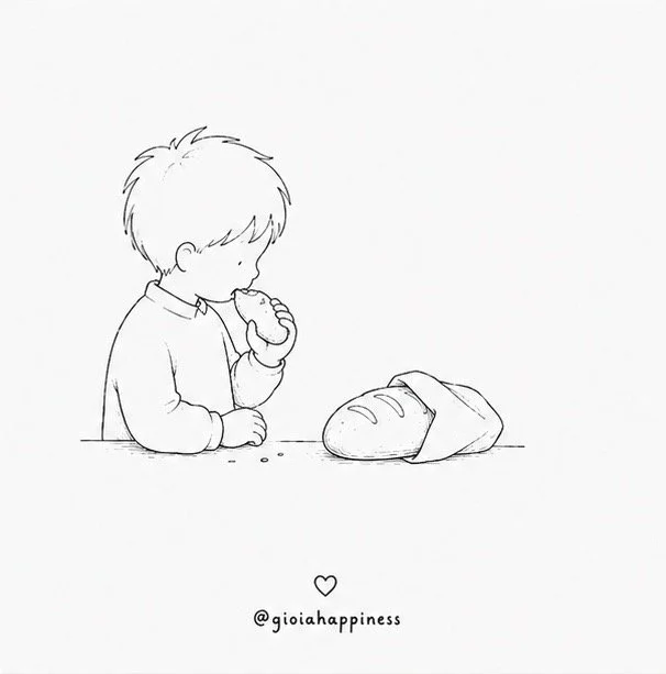 A boy eats part of the bread he received, exploring the relationship between receiving, need and enough.