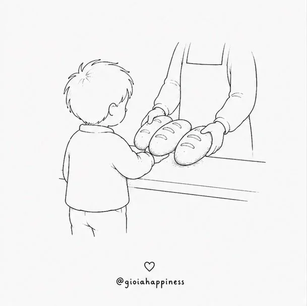 A boy receives bread from another person, showing how care and shared resources can sustain us through everyday life.