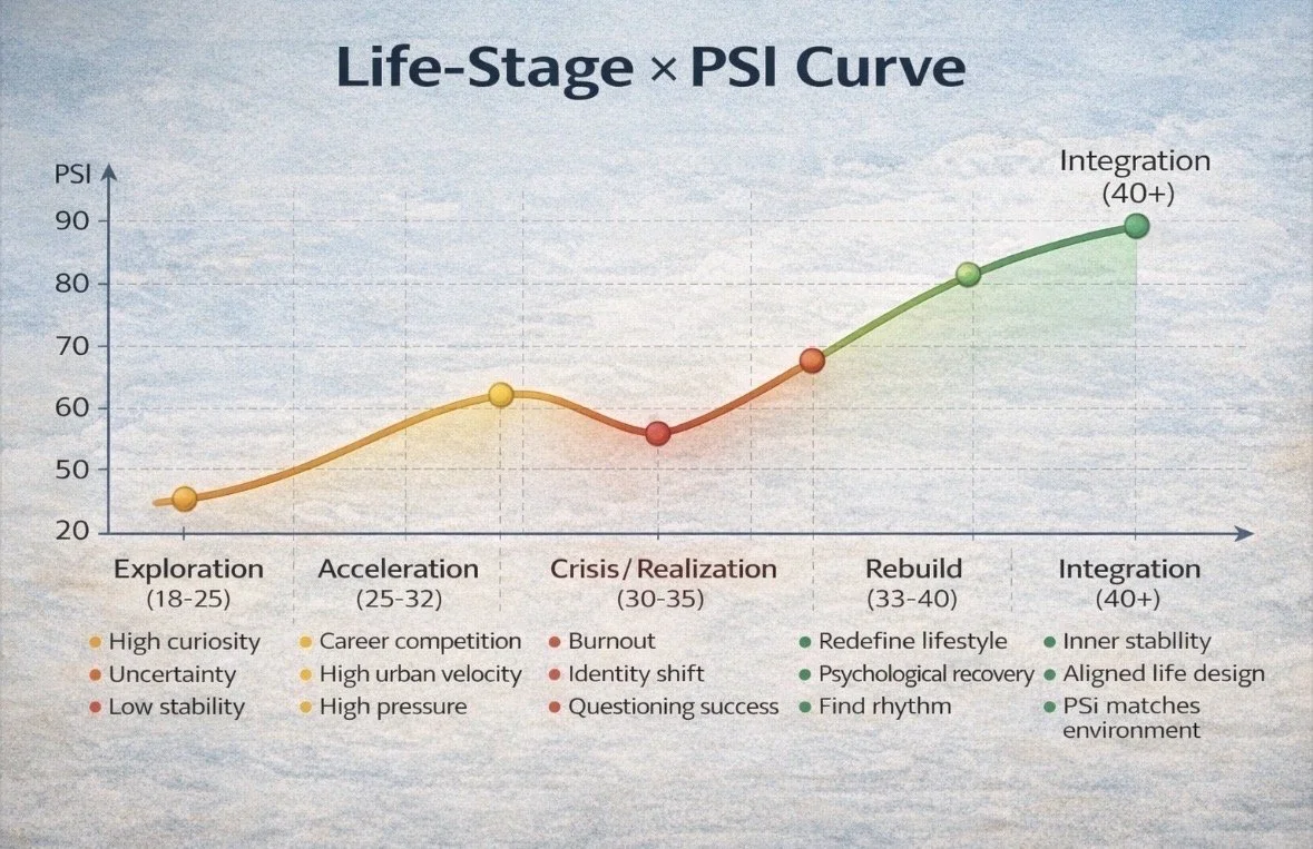 Diagram illustrating the relationship between life transitions, Personal Stability Index (PSI), and emotional adaptation.