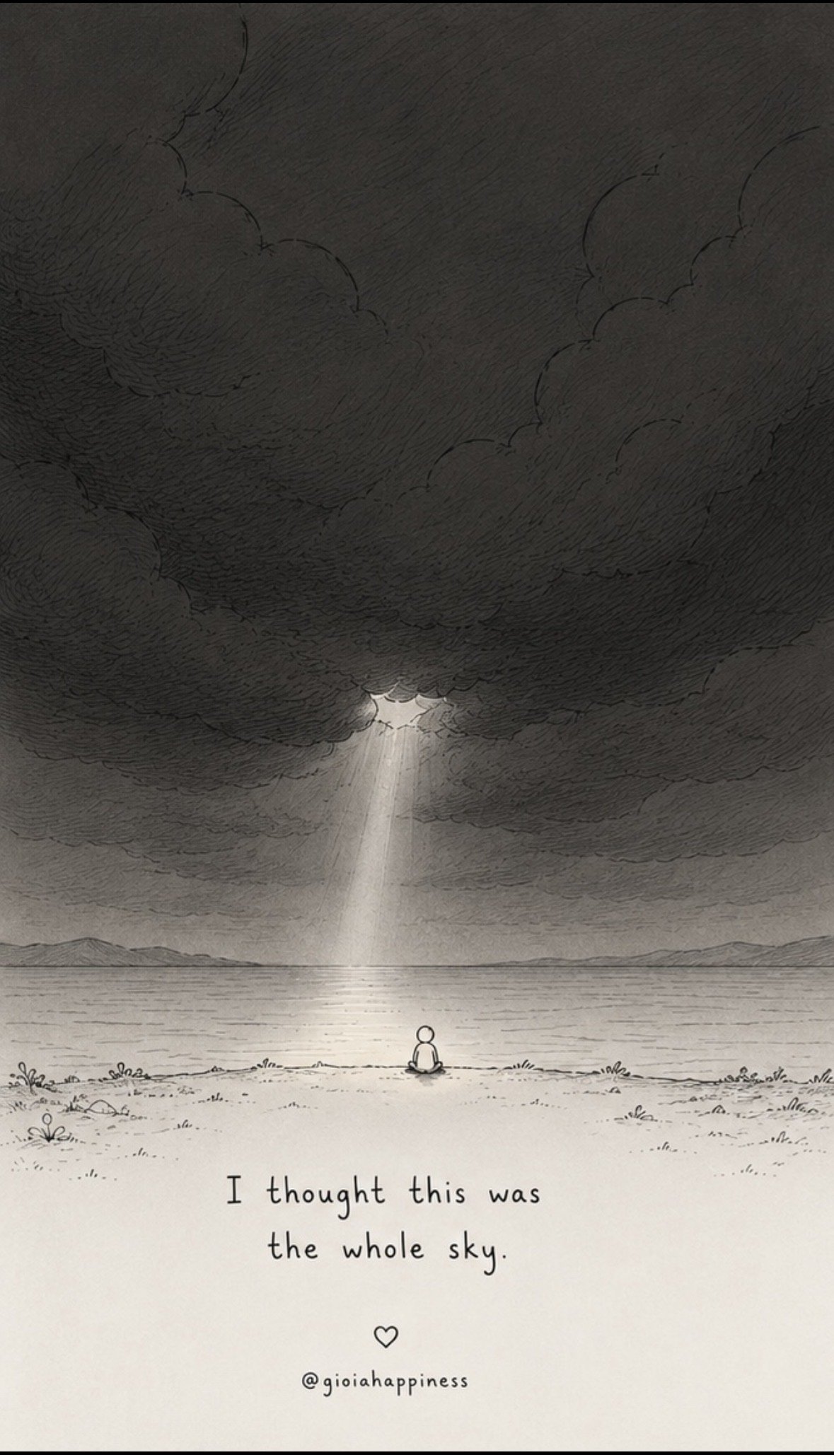 A figure sits beneath heavy clouds, exploring how a limited perspective can make one difficult reality feel like the whole world.