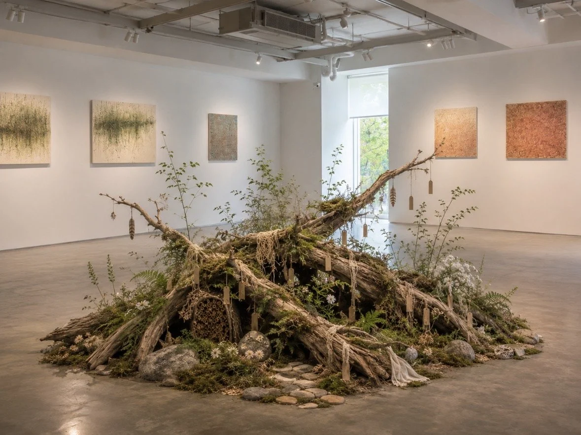 Leave Your Trace, a participatory art installation made from branches, plants and handwritten tags that evolves through visitor contributions.