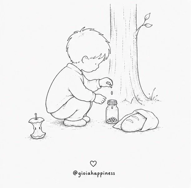 A boy saves seeds beside his bread, transforming what sustains him today into something that may sustain others tomorrow.
