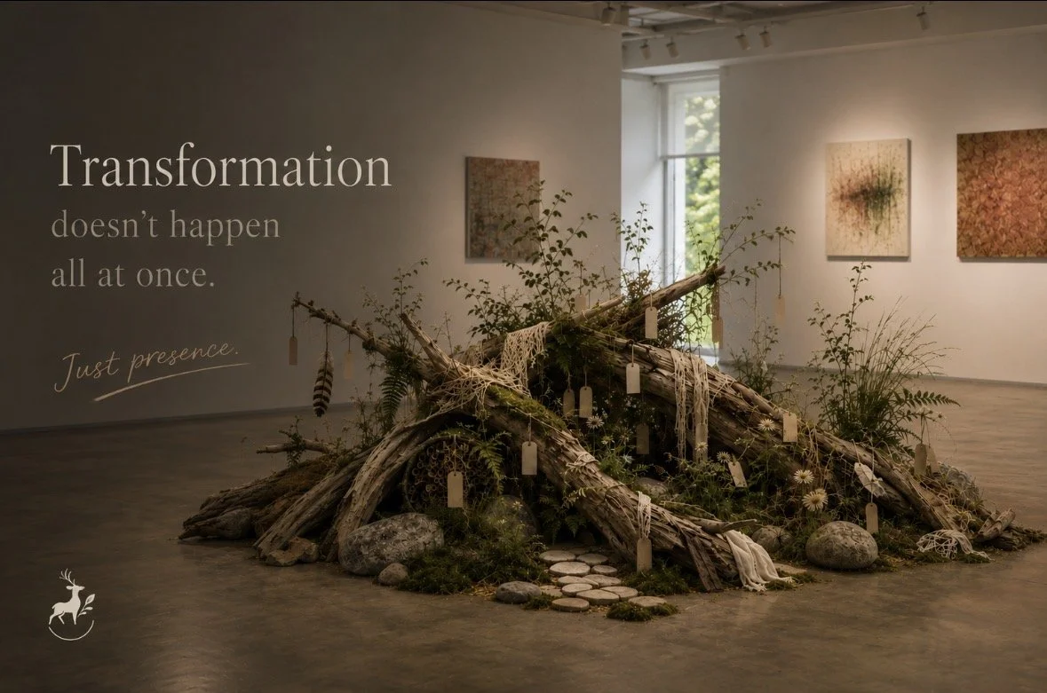 Illustration of an immersive installation art concept exploring transformation, ecological healing, and the slow process of personal change through natural materials and spatial experience.