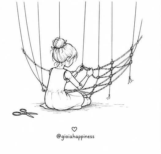 A girl weaves old puppet strings into something new, exploring creativity, adaptation and personal transformation.