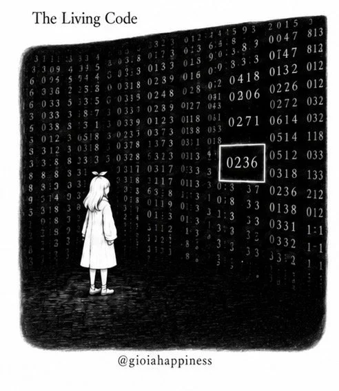 Human traces become a field of numbers and codes, exploring what remains of identity when lived experience is translated into data.