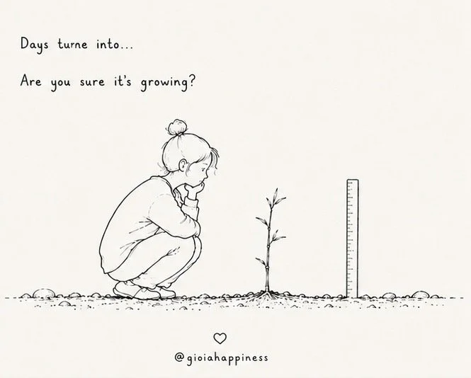 A girl waits beside the same small plant, reflecting on uncertainty and the feeling that our efforts are leading nowhere.
