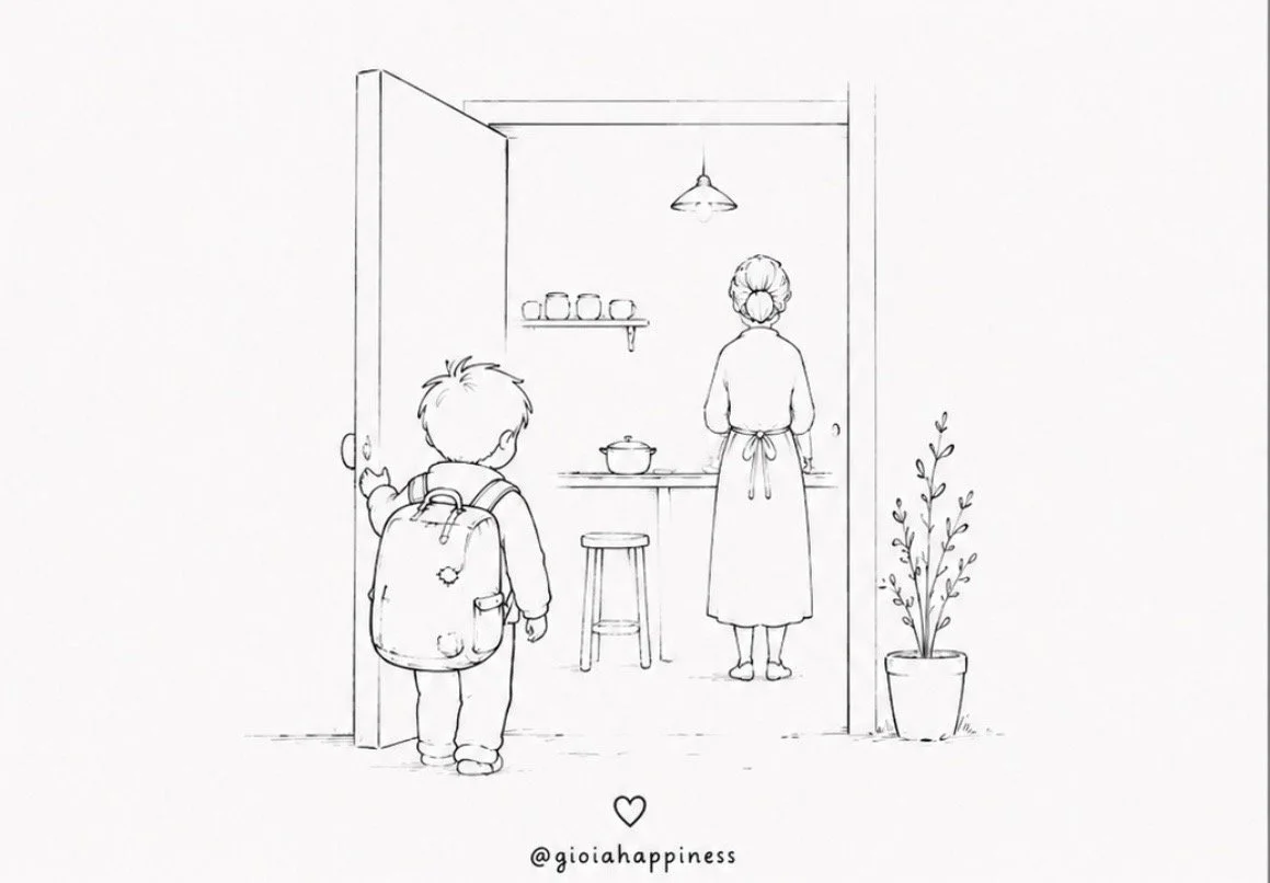 A boy returns home with his backpack, exploring belonging, return and the comfort of coming back to a familiar place.