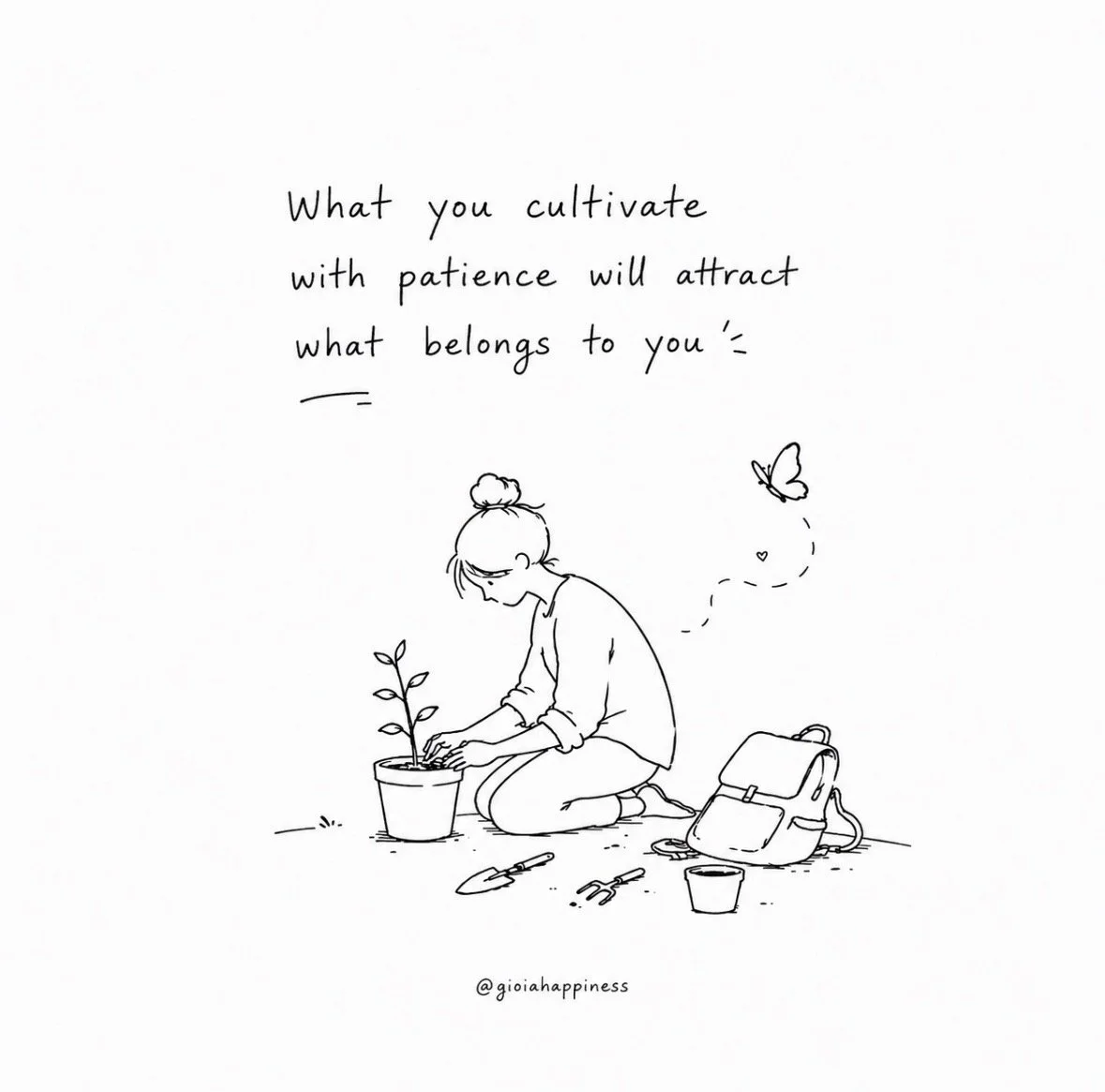  A girl quietly tends a plant as a butterfly approaches, reflecting on patience, cultivation and creating conditions for what we seek to arrive.