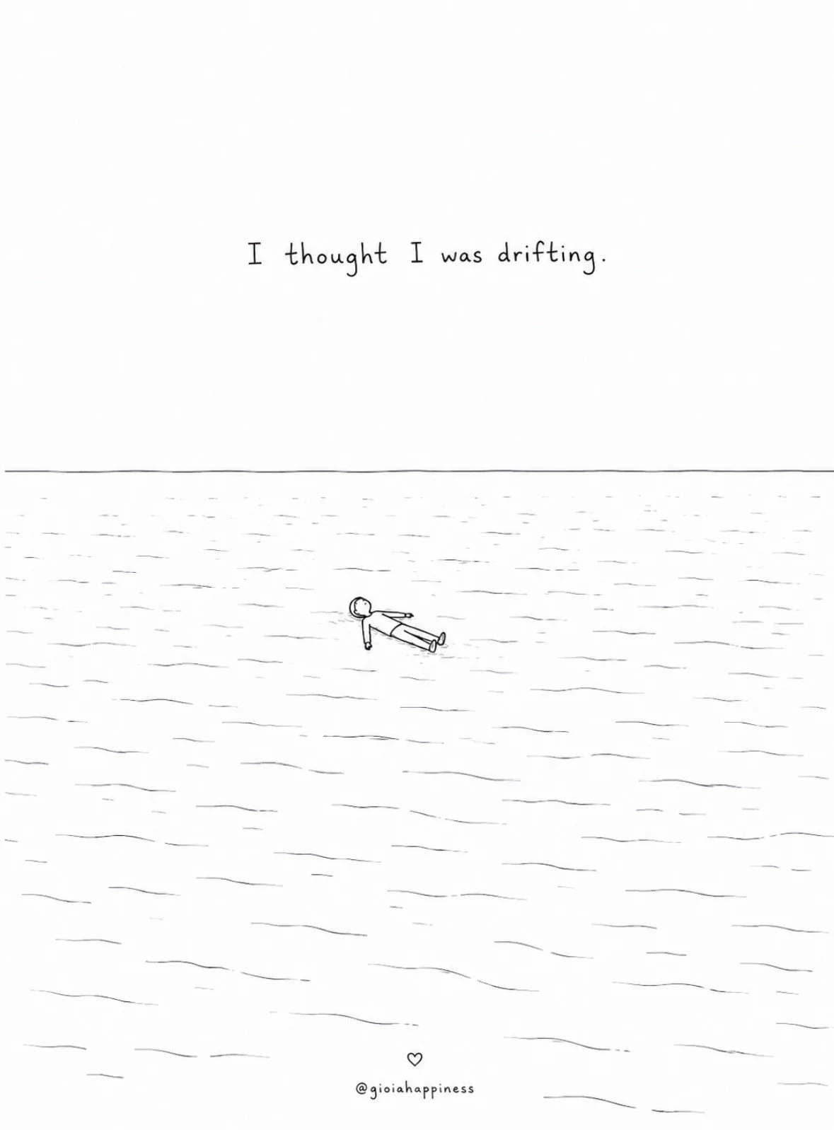 A solitary figure floats quietly in the ocean, reflecting on uncertainty, transition and the feeling of moving without direction.
