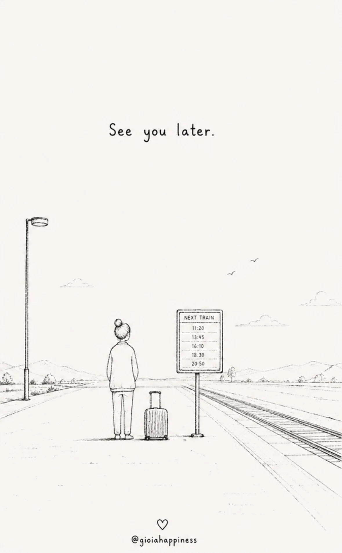 A train schedule appears while the traveller waits, reframing departure as temporary. Sometimes leaving is not goodbye, but simply see you later.