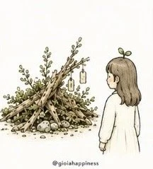 A visitor encounters a growing structure of wood, plants and traces left by those who came before.
