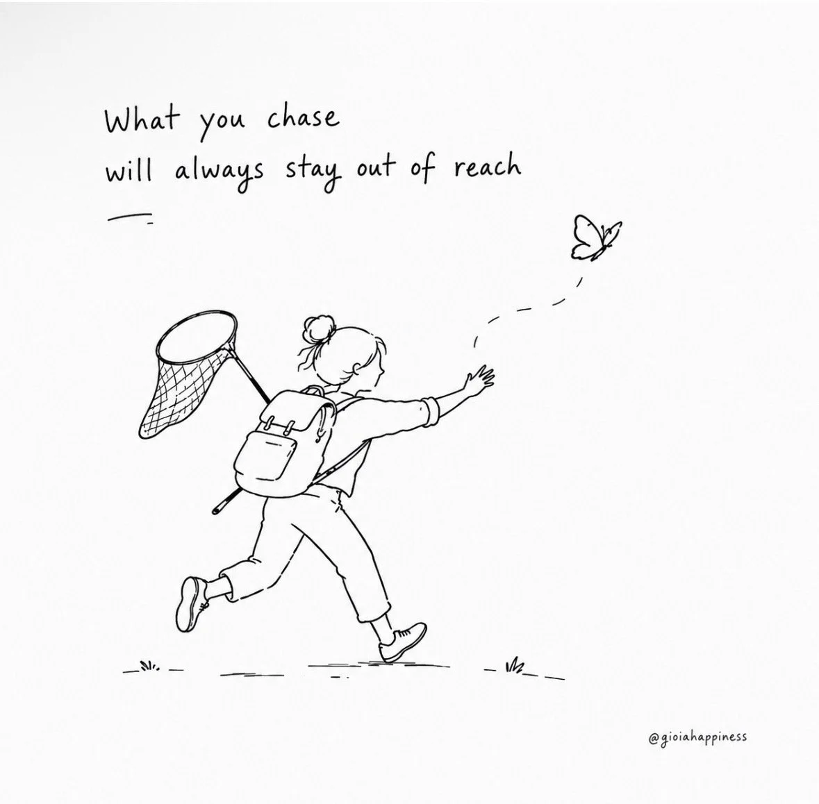 A girl runs after a butterfly with a net, exploring desire, pursuit and the things that seem to move further away the more we chase them.