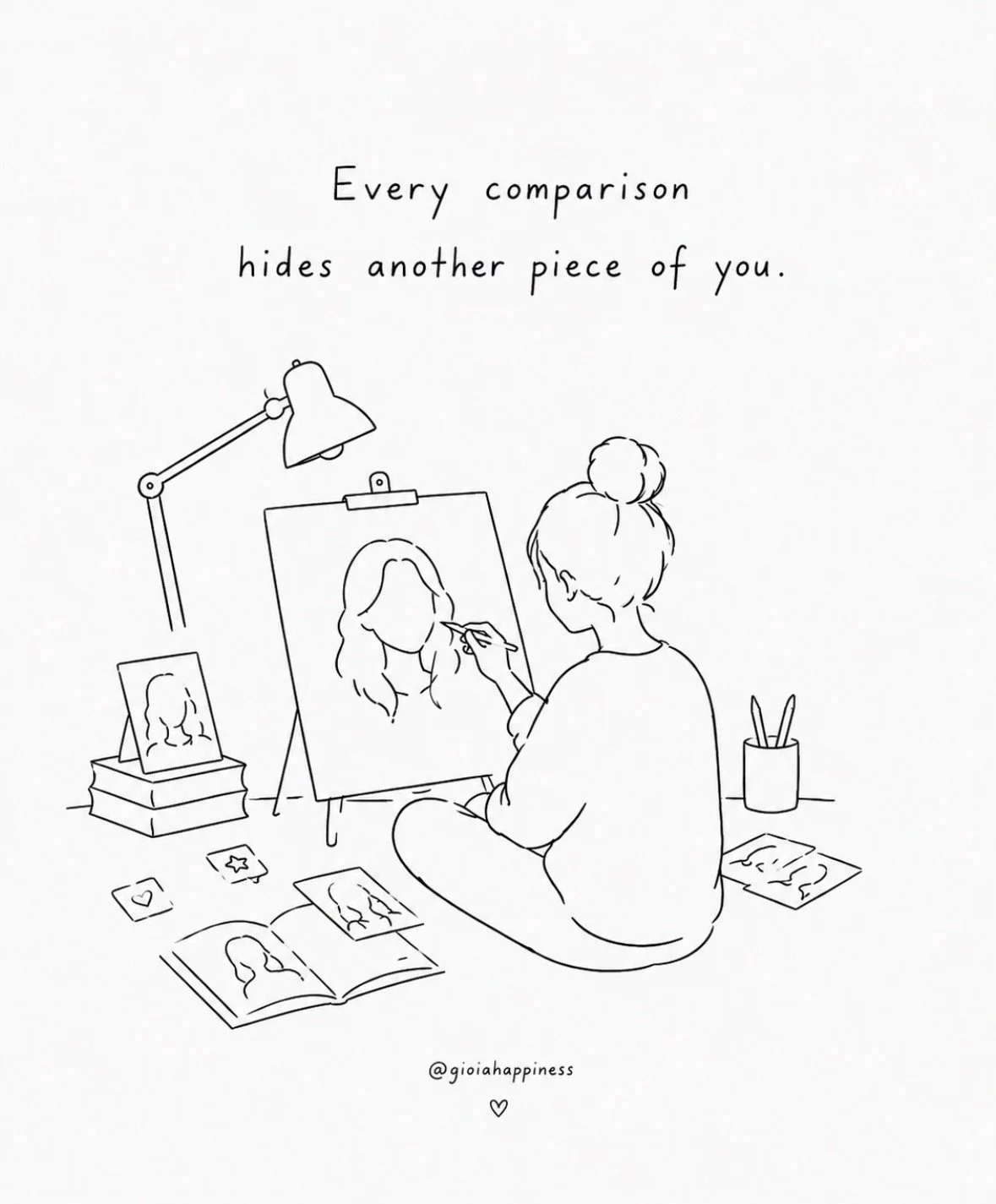 A girl paints herself by looking at photographs, exploring self-image, identity and the ways we try to understand who we are.