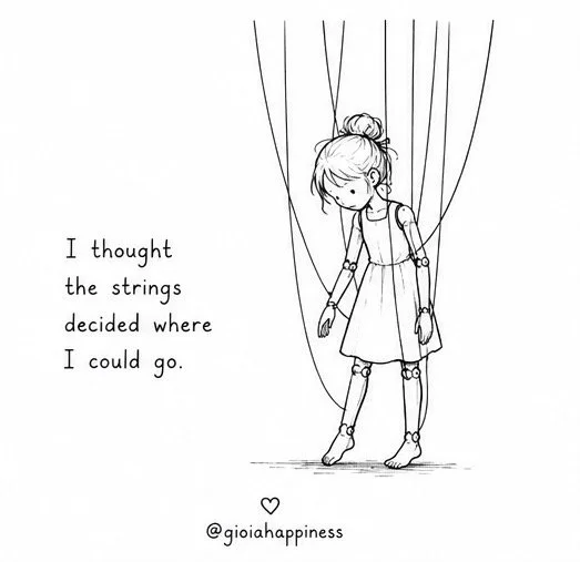 A girl held by puppet strings, reflecting on control, limitation, identity and the forces that shape where we believe we can go.