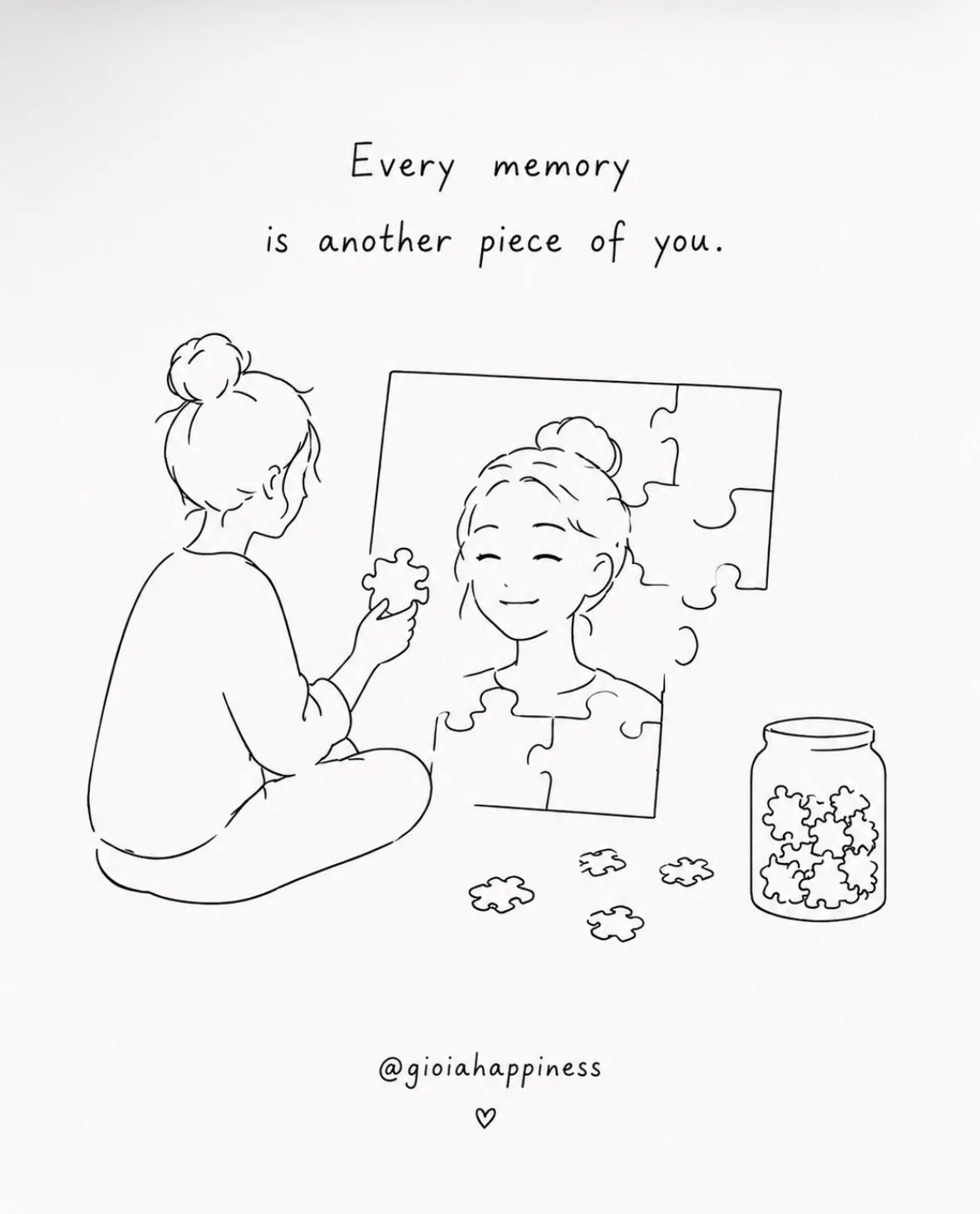  A girl assembles a portrait from puzzle pieces, reflecting on identity as something discovered gradually rather than completed all at once.