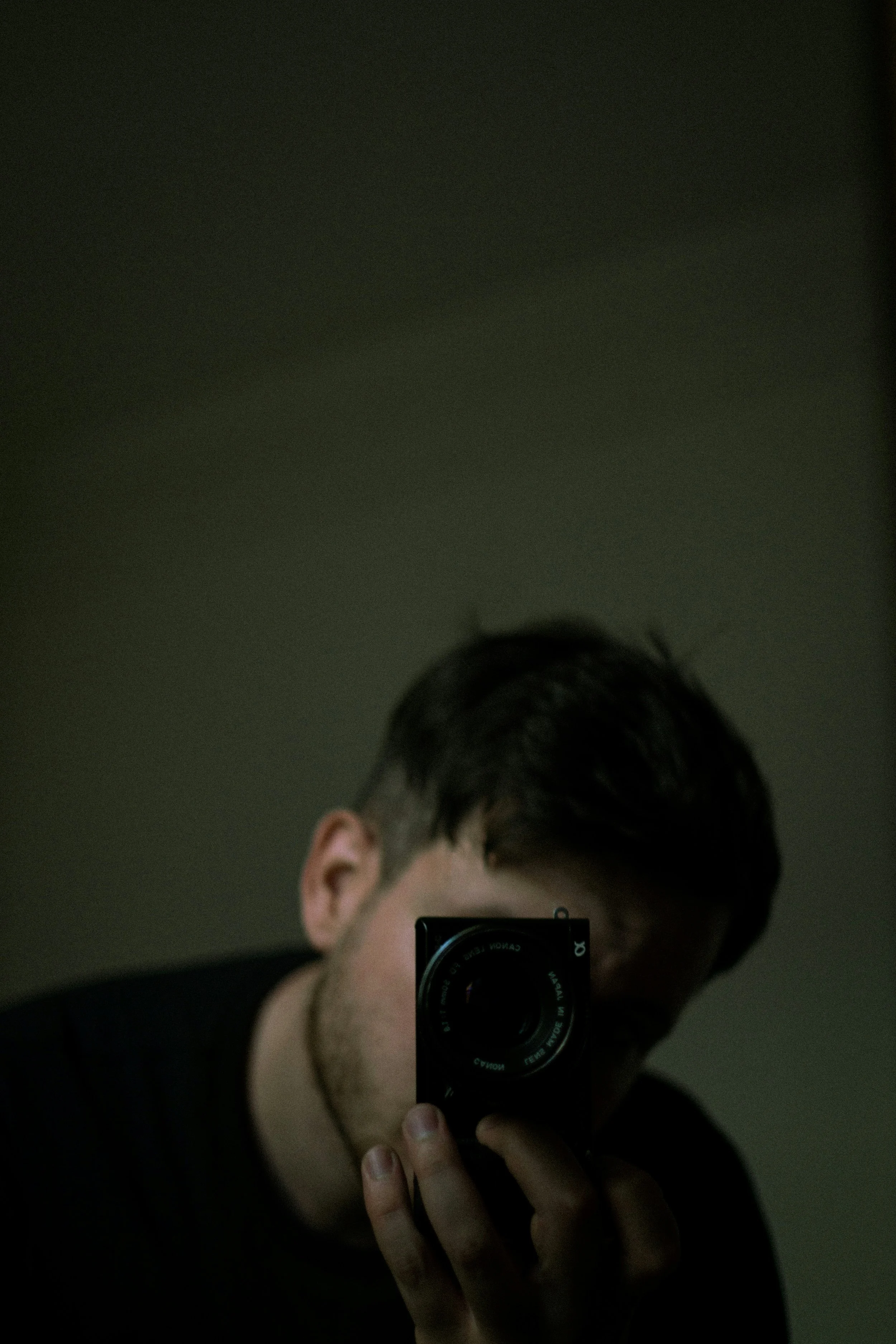 A person taking a photo of themselves in a mirror with a black camera, capturing their reflection and a dark background.