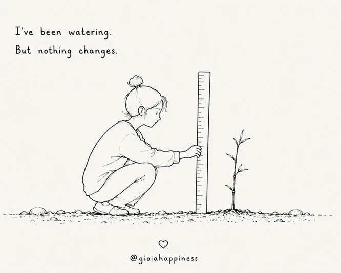 A girl measures a young plant she has been watering, exploring patience, expectation and our desire to see visible signs of growth.