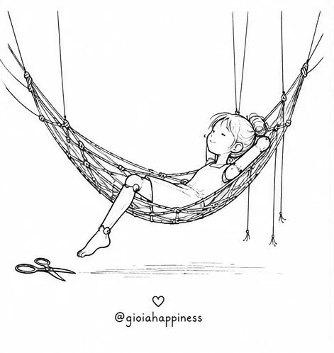 The strings that once restricted her become a hammock that holds her, turning limitation into possibility through imagination and choice.
