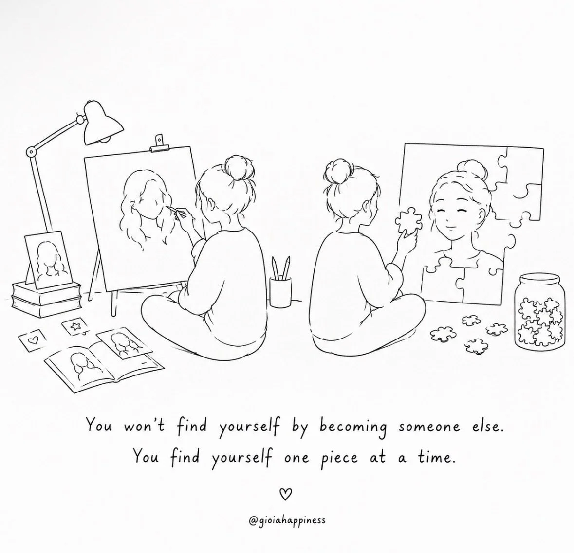 Two ways of creating a self-portrait reveal that identity is not found by becoming someone else, but by discovering ourselves piece by piece.