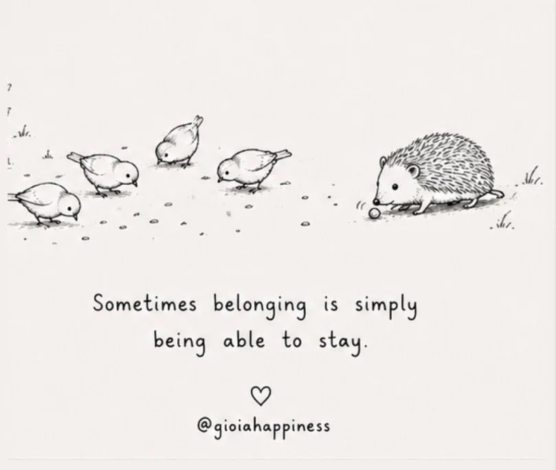 The hedgehog remains among the birds, exploring belonging not as fitting in or becoming the same, but simply finding a space where we are able to stay.