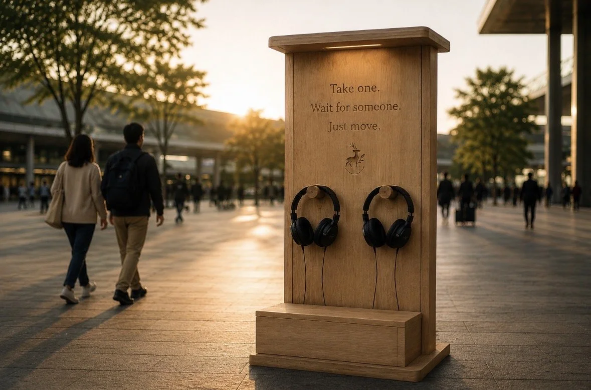 Public installation concept exploring movement, belonging, and human connection through synchronized listening and shared movement.