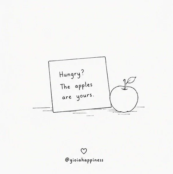 An apple is left for a hungry stranger, exploring generosity, sharing and how small acts of care can travel beyond us.