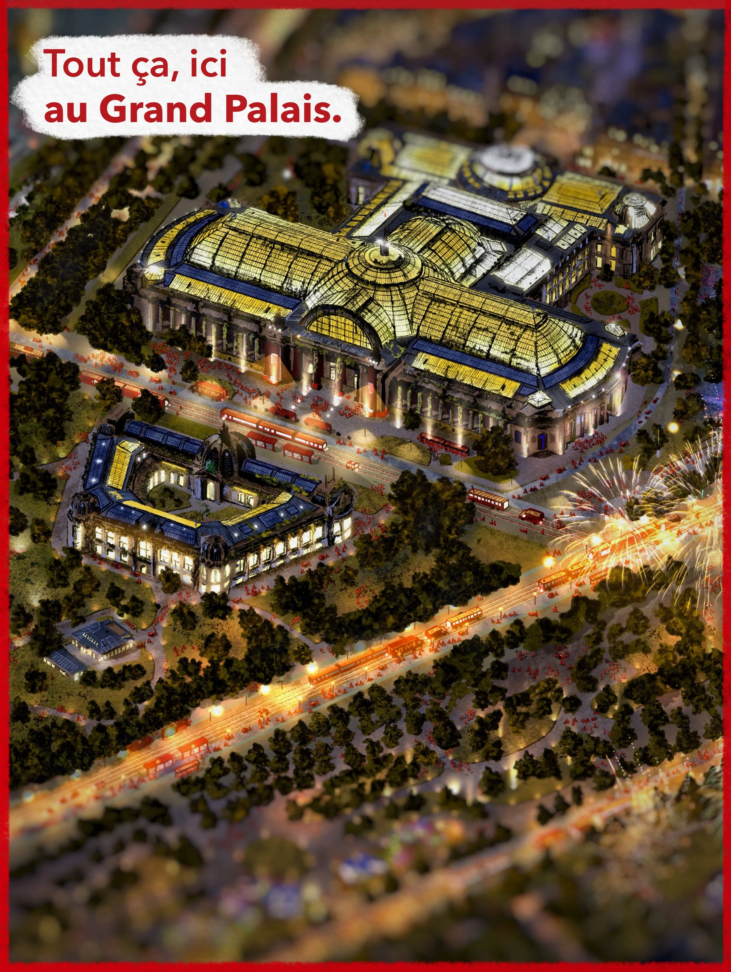 Une maquette lumineuse du Palais Garnier à Paris, avec un feu d'artifice illuminant le ciel, entourée de rues animées et d'arbres.