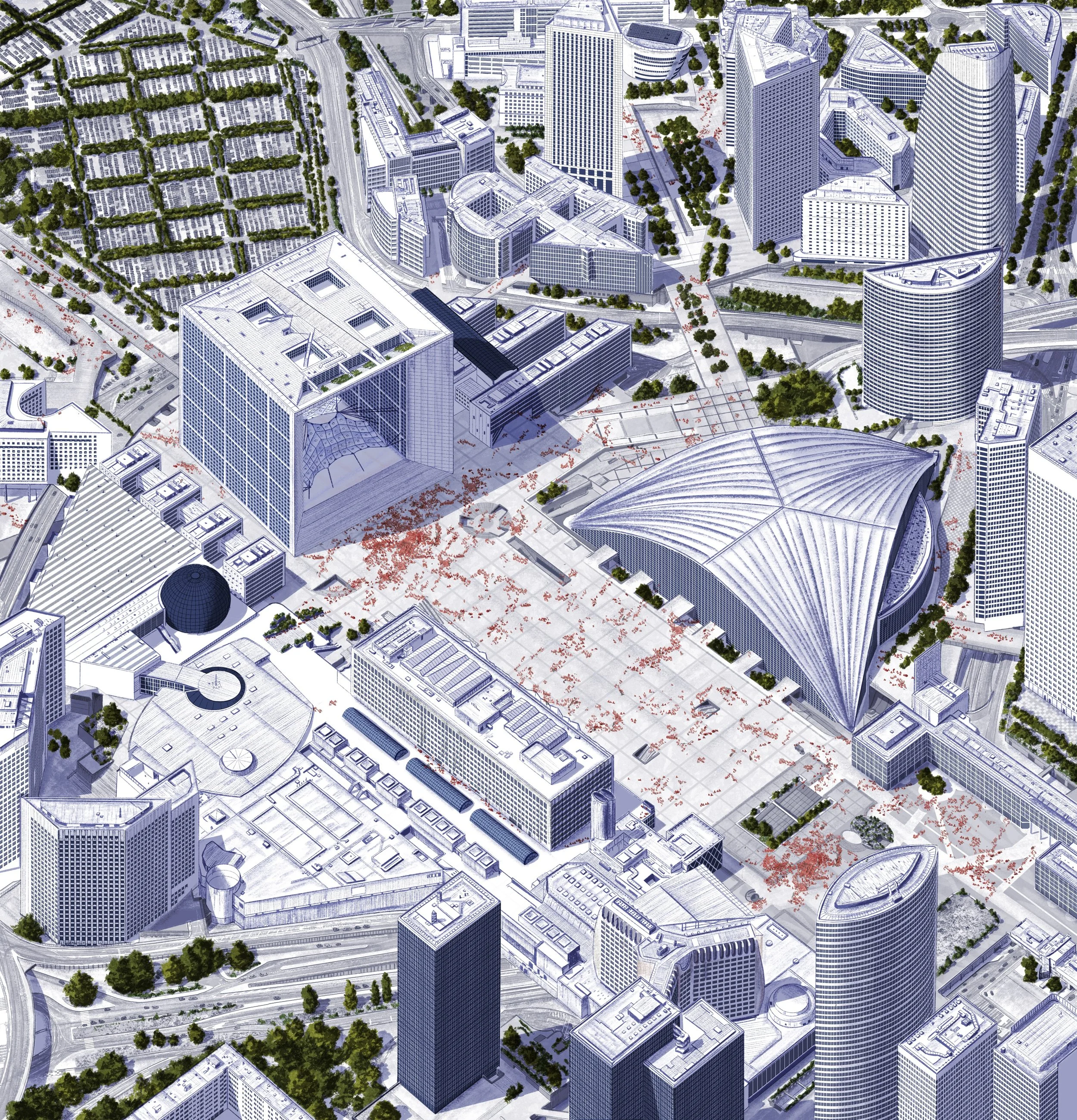 Esquisse du quartier La Défense aujourd’hui.