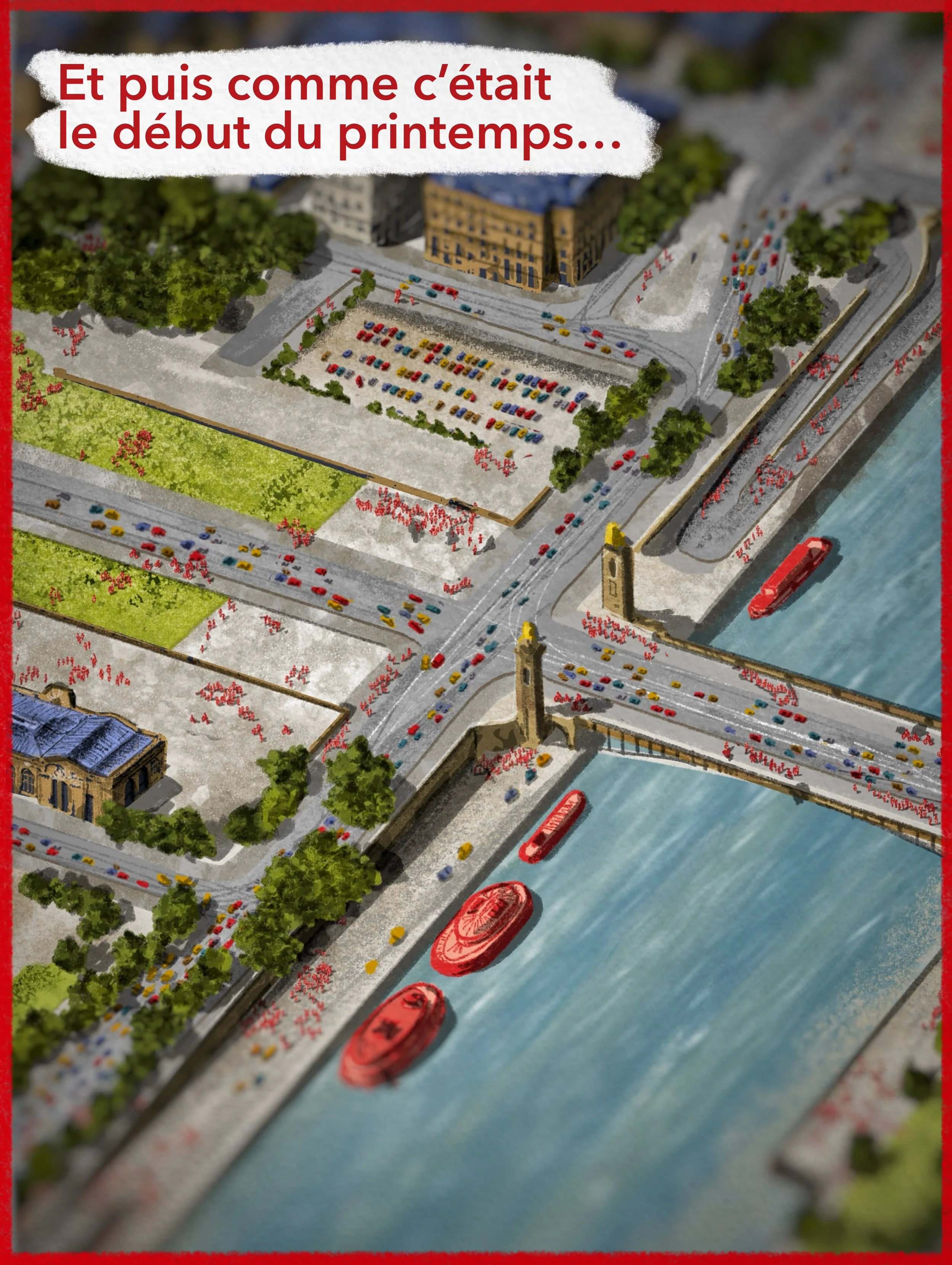 Illustration aérienne des quais de Seine, avec une partie du fleuve, des bateaux rouges, des voitures et des piétons, avec des bâtiments, des arbres et des espaces verts à proximité, et un texte en français en haut à gauche.