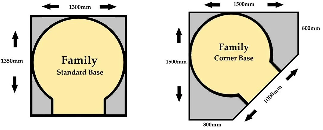 Diagram showing two different family room layouts with dimensions. The left layout has a circular family area with a standard base, measuring 1300mm by 1350mm, within a larger rectangular space. The right layout has a family area with a corner base, measuring 1500mm by 1500mm, with an adjoining section on the top right and side, also within a larger rectangular space.