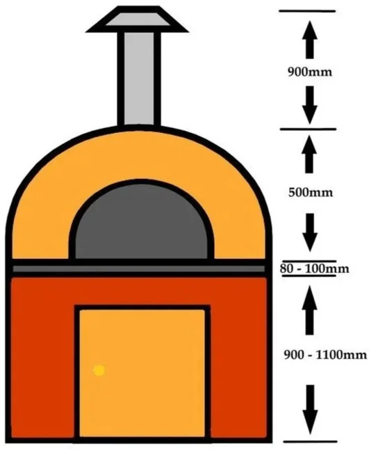 Diagram of an industrial furnace or kiln with labeled measurements in millimeters for various sections including a chimney, arch, and base.