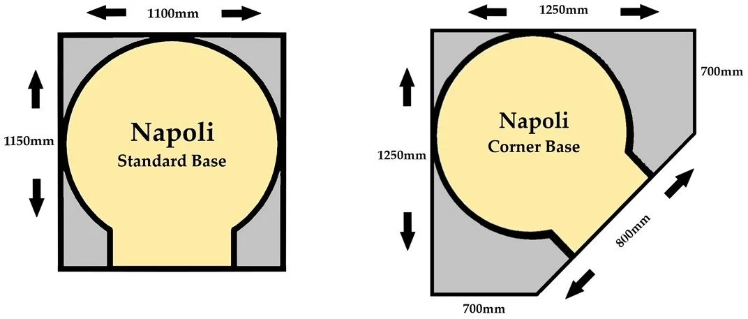 Comparison of two Napoli pizza base layouts, one standard round base and one corner base with dimensions for each layout.