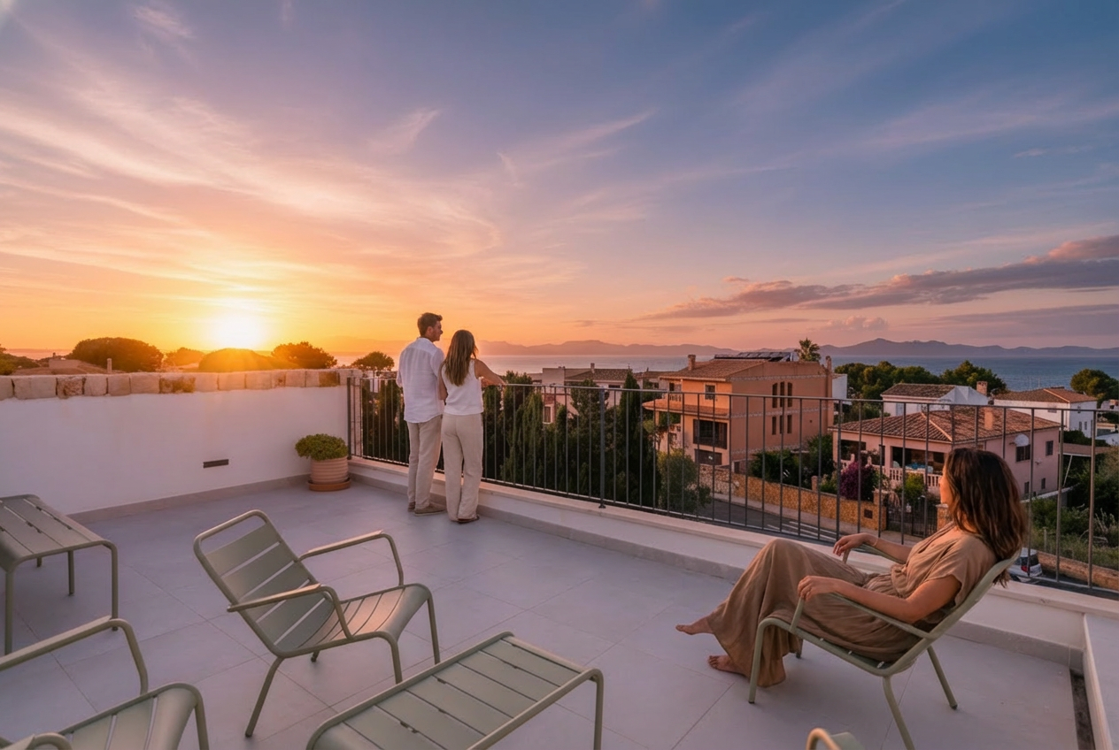 People enjoying sunset view on a balcony with chairs, overlooking houses and a body of water in the distance.