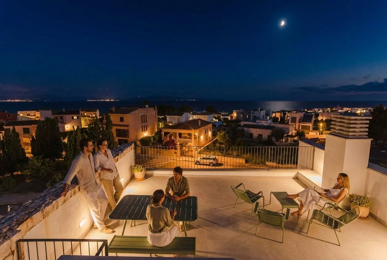 Nighttime rooftop gathering with five people on a terrace overlooking a cityscape and ocean under a dark sky with a bright moon.