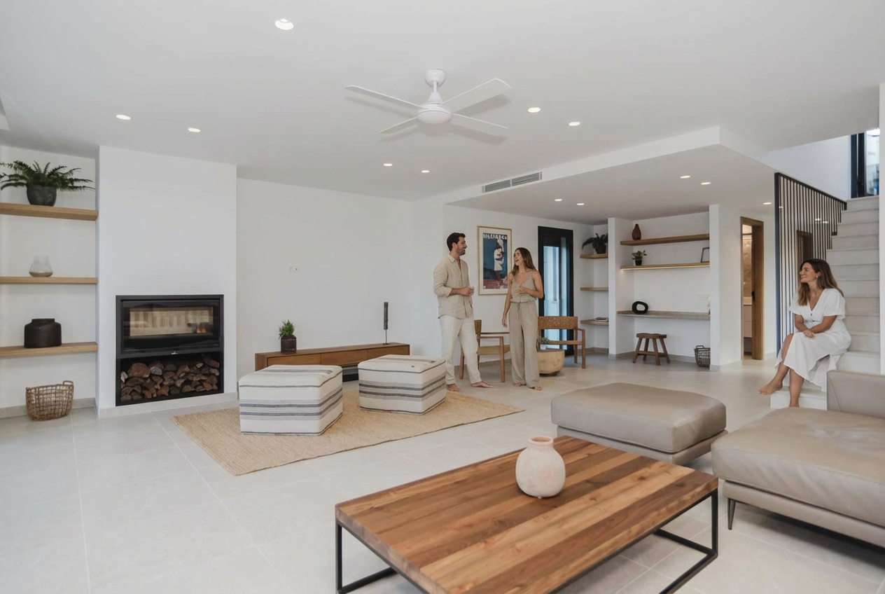 A modern, spacious living room with white walls, a ceiling fan, a fireplace, and wooden shelves. Three people are talking and a woman sits on the staircase. The room is decorated with plants, artwork, and neutral-colored furniture.