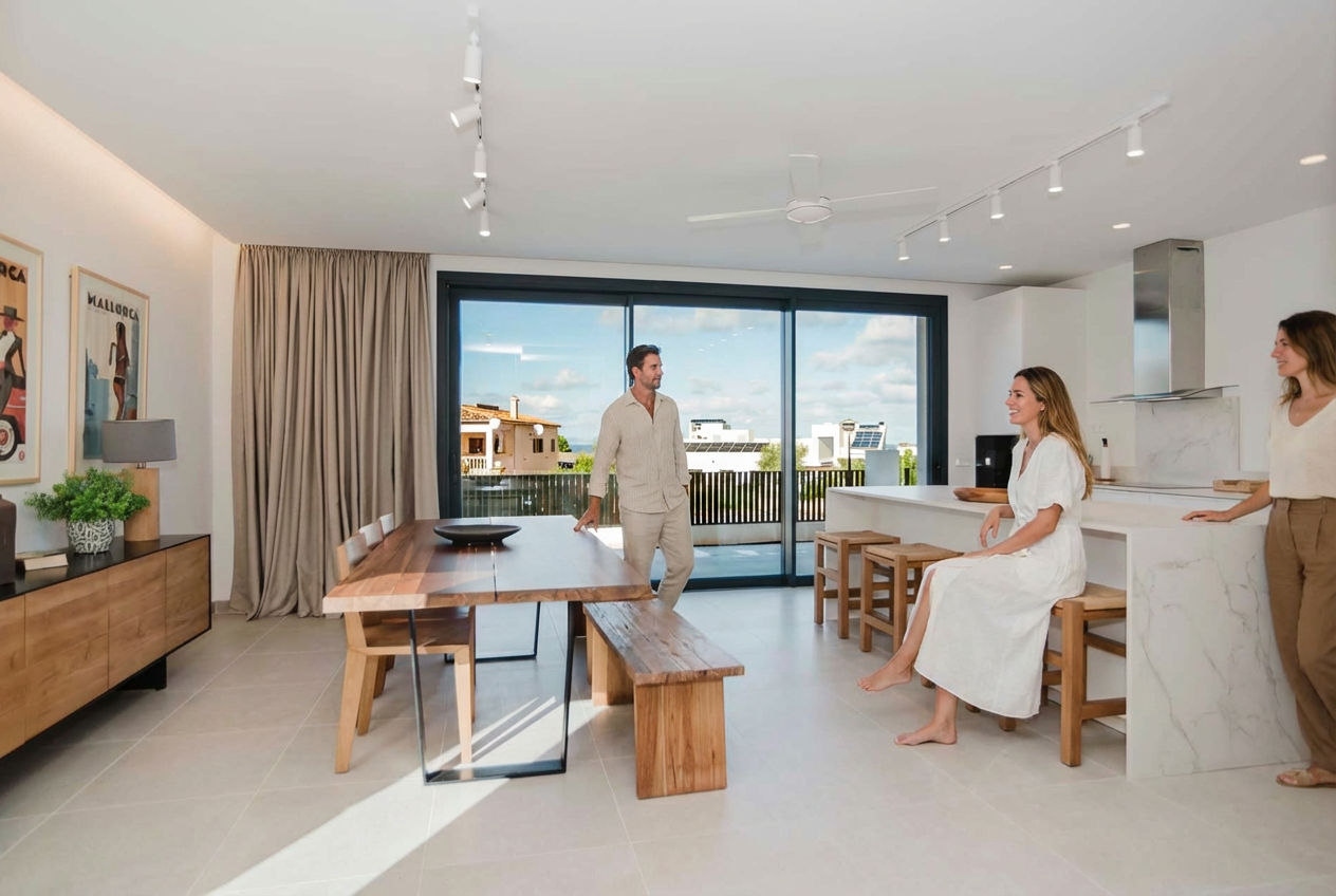 Three people in a modern, bright kitchen with sliding glass doors leading to a balcony. One woman is sitting on a bar stool, another woman is leaning on the counter, and a man is standing near the dining table, all engaged in conversation.