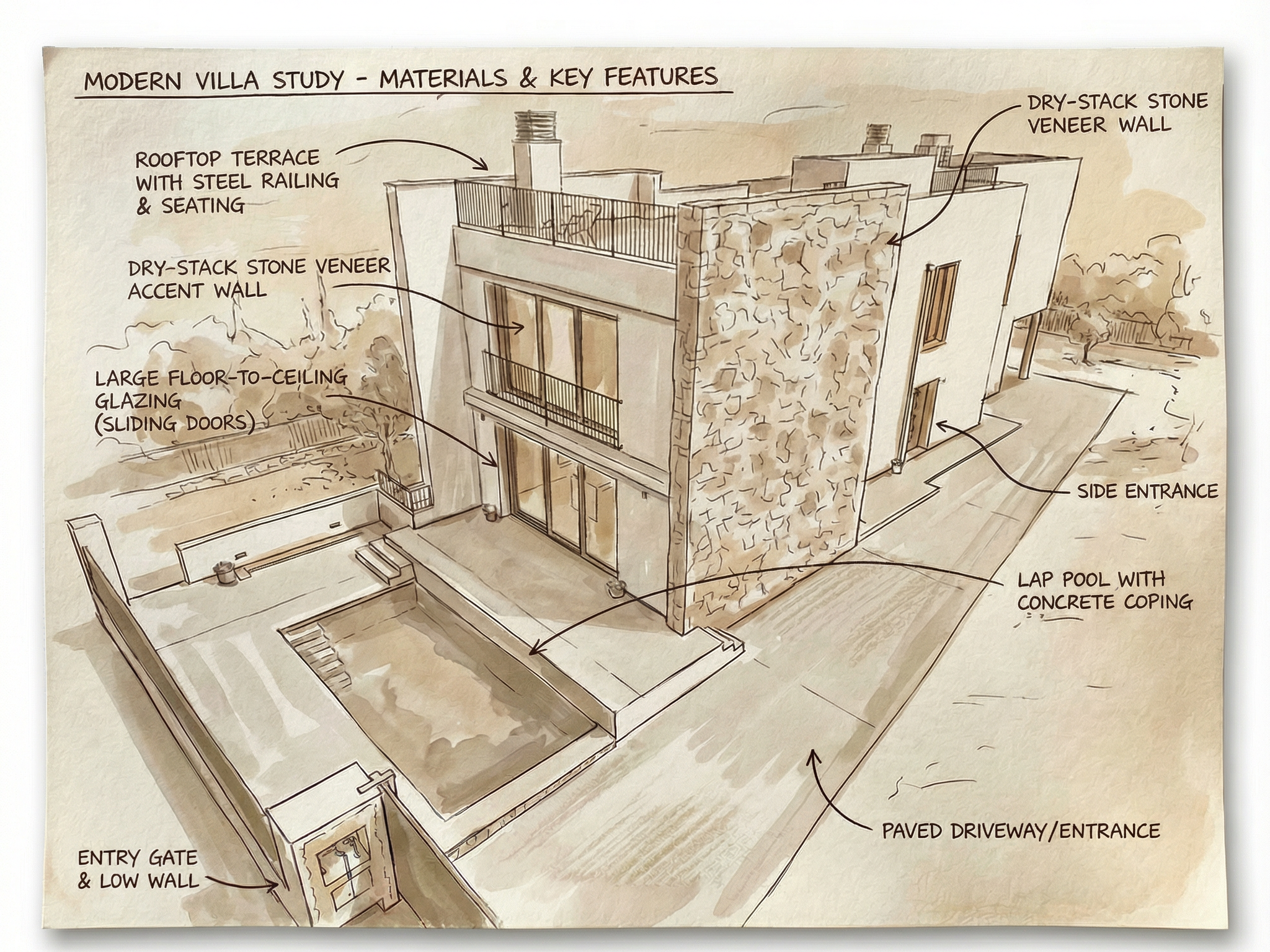 A detailed architectural sketch of a modern villa showcasing materials and key features, including a rooftop terrace with steel railing and seating, a large floor-to-ceiling glazing with sliding doors, dry-stack stone veneer walls and accents, a side entrance, a lap pool with concrete coping, a paved driveway and entrance, and an entry gate with a low wall.