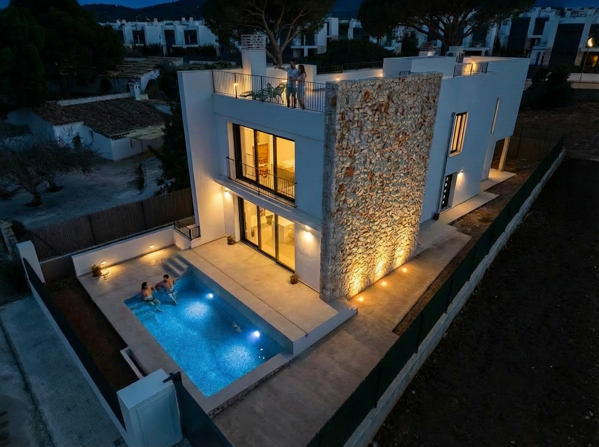 A modern two-story house with a blue-lit swimming pool and three people swimming, illuminated by exterior lights at dusk.