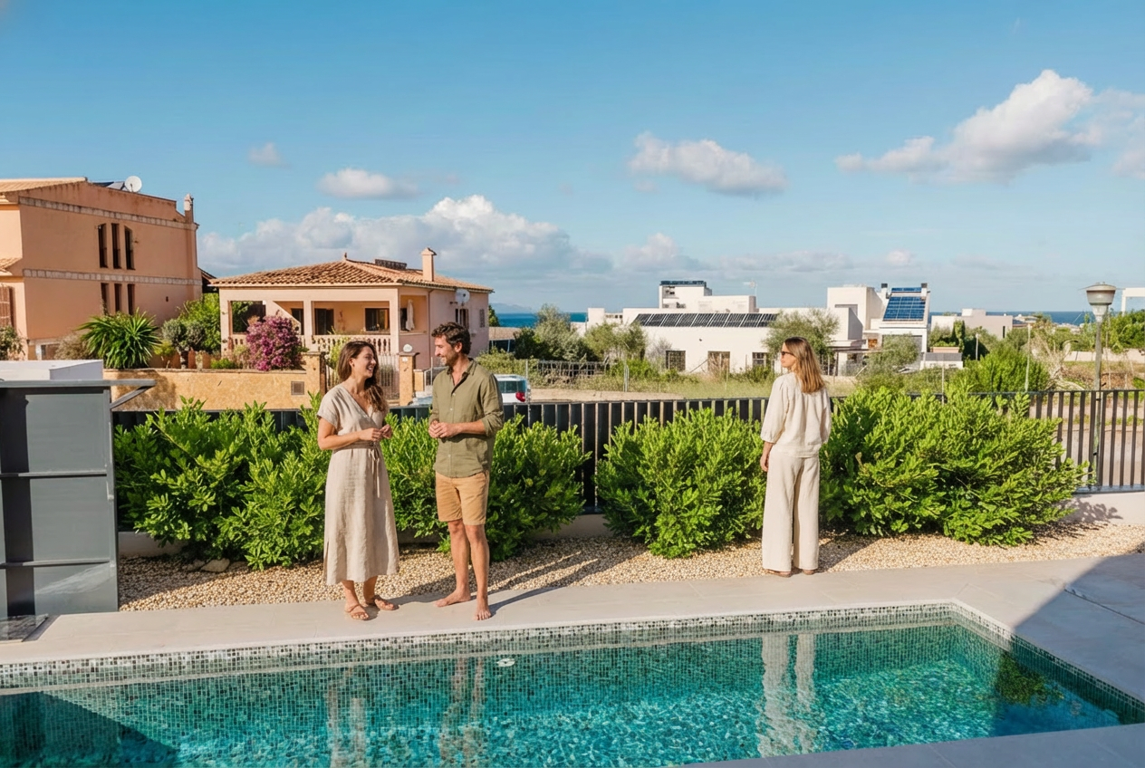 Three people near a swimming pool in a sunny backyard, with two women and a man talking and another woman standing apart, surrounded by greenery and residential buildings in the background.