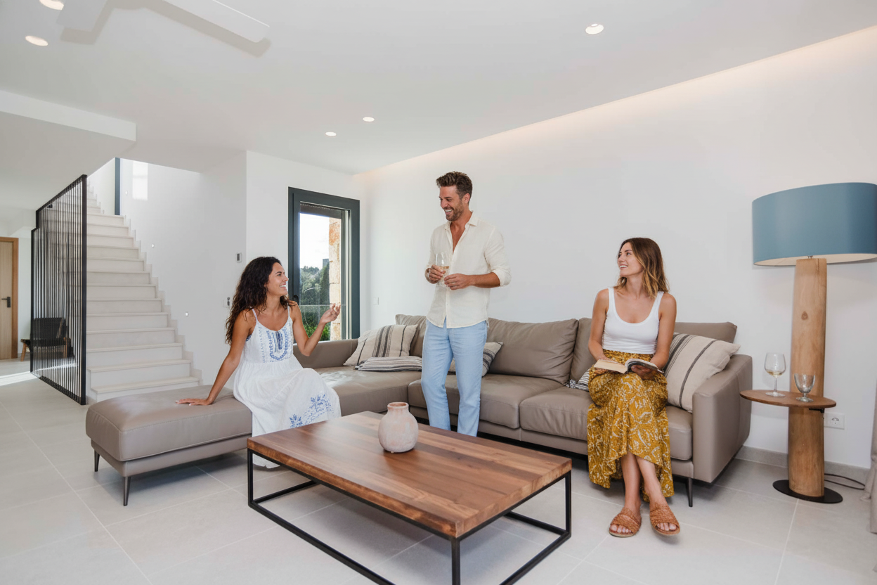 A family of three enjoying a drink in a modern living room with white walls, beige sofa, and large window.