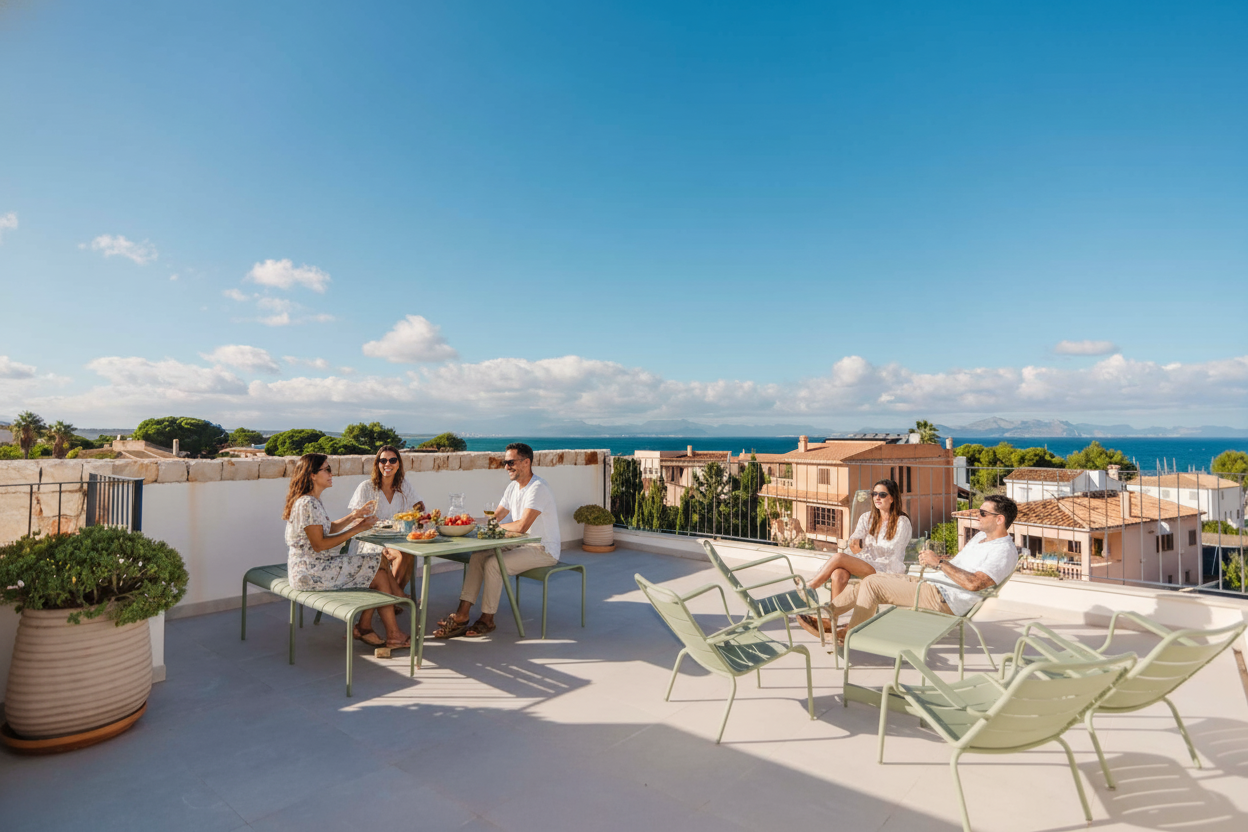 A group of five people having outdoor meal on a rooftop terrace with a view of rooftops, trees, and the ocean under a blue sky with clouds.