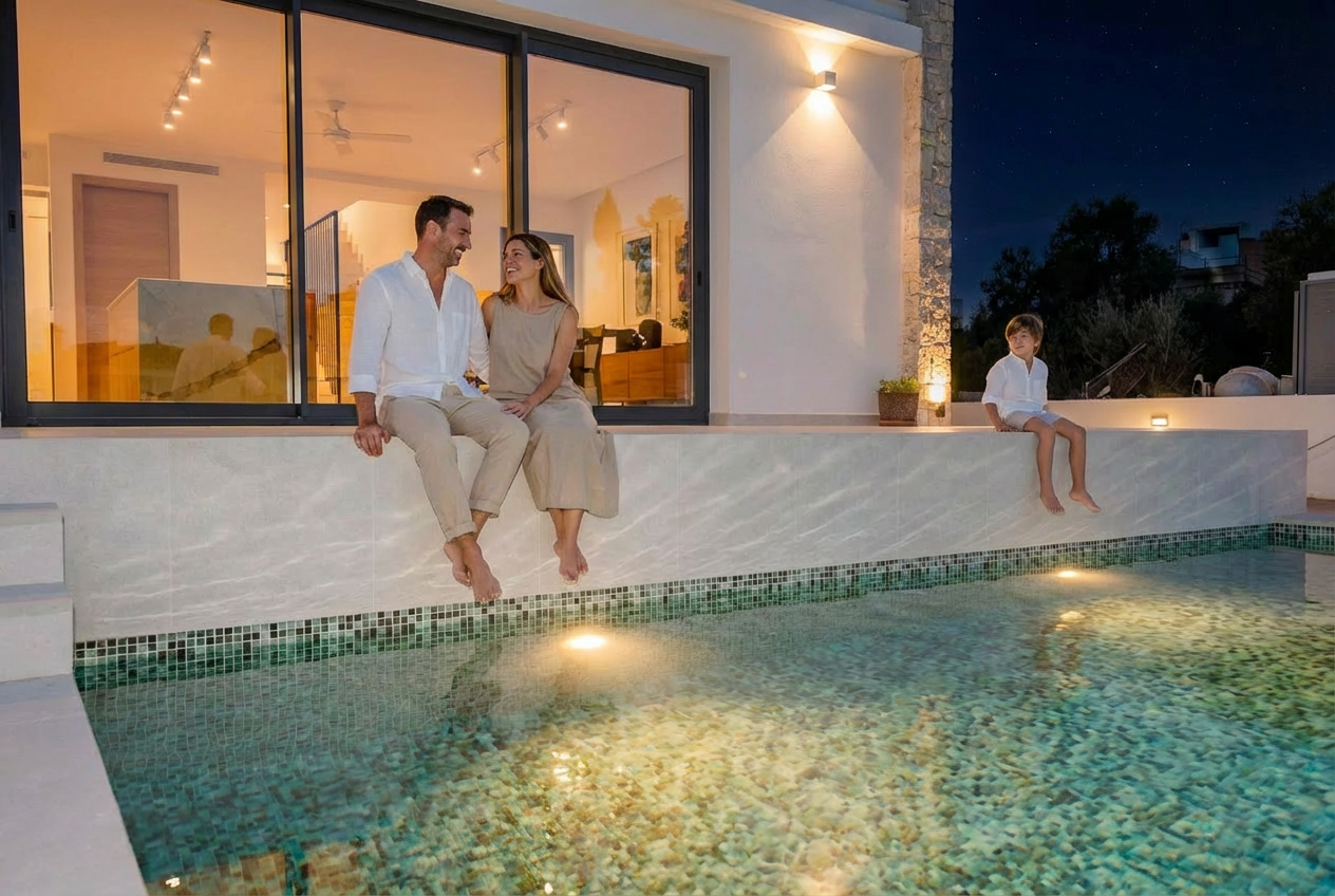 A family of three sitting on the edge of a swimming pool at night, with a modern house in the background. The man and woman are smiling and talking, while the child sits alone on the pool ledge.